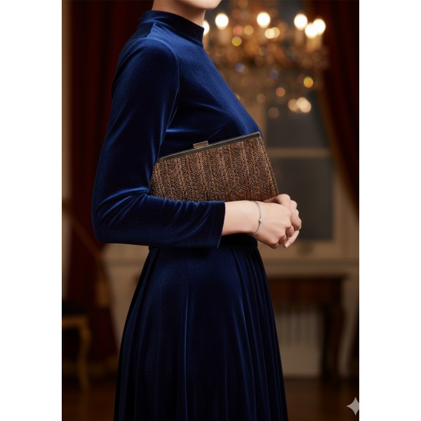 Evening Bag - Braided Straw Like w/ Metal Frame - Brown - BG-92070BR